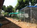 Outdoor area with animal enclosures and vegetable beds