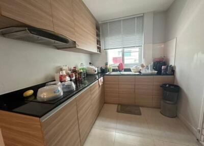 Modern kitchen with wooden cabinets and comprehensive appliances