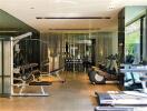 Modern home gym with exercise equipment and glass walls