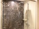 Elegant bathroom with marble walls and glass shower enclosure