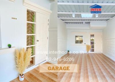 Bright and clean garage interior with decorative plant and wide doors
