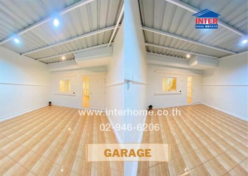 Spacious and well-lit garage interior with wooden flooring