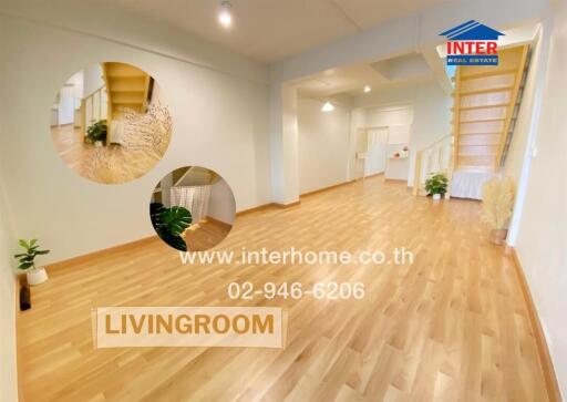 Spacious and well-lit living room with wooden flooring