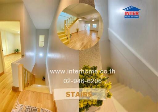 Modern house interior with staircase and a decorative round wall cutout