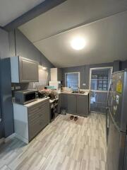 Modern kitchen with gray cabinetry and stainless steel appliances