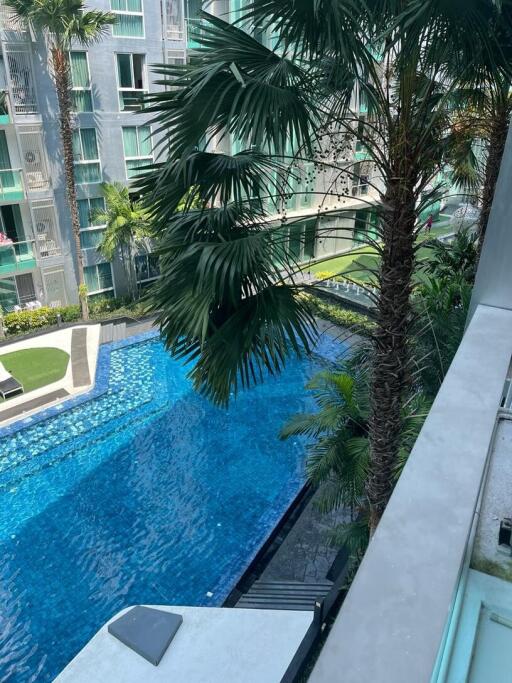 View of a swimming pool and garden from a high-rise balcony