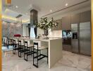 Modern kitchen with stylish dining area and high-end appliances