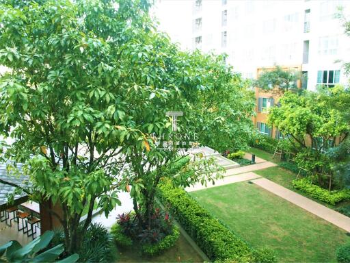 Lush garden view at modern residential complex