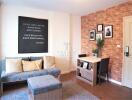 Cozy and stylish living room with brick accent wall and modern furnishings