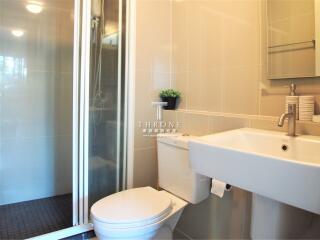 Modern bathroom with glass shower and sleek design