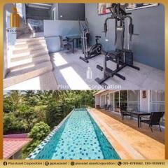 Home gym overlooking a narrow swimming pool with a shaded seating area
