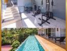 Home gym overlooking a narrow swimming pool with a shaded seating area