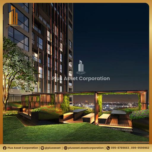 Modern high-rise building exterior with rooftop garden and seating area