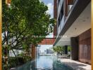 Luxurious outdoor swimming pool adjoining modern residential building