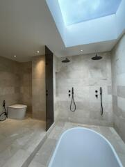 Modern bathroom with natural light, featuring a freestanding bathtub, walk-in shower, and elegant tiling