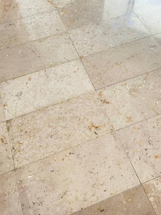 Close-up view of a dirty tiled floor