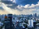 Panoramic view of a bustling cityscape under cloudy skies