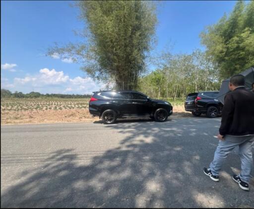 Outdoor view with parked cars and a person walking