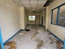 Interior of a neglected and damaged building hallway