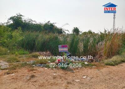 Vacant land plot with visible overgrowth and debris, real estate sign present
