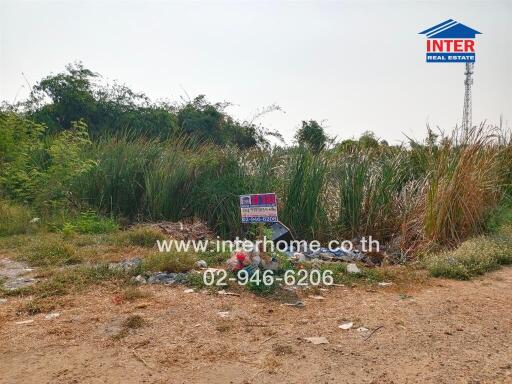 Vacant land plot with visible overgrowth and debris, real estate sign present