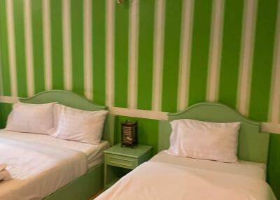 Bright and colorful twin bedroom with green striped walls