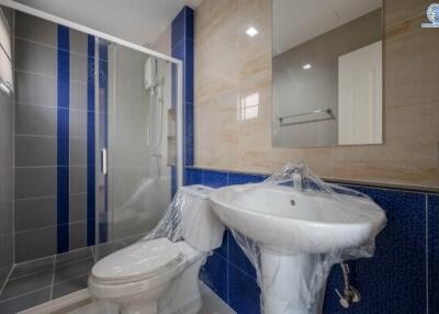 Modern bathroom with blue and beige tiles
