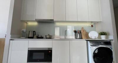 Modern kitchen interior with white cabinetry and built-in appliances
