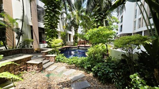 Lush garden with a swimming pool surrounded by tropical plants