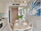 Elegant dining area with marble table and modern decor