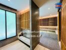 Modern bathroom with elegant bathtub and decorative wooden slats
