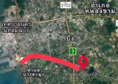 Aerial map view highlighting a route in Thailand