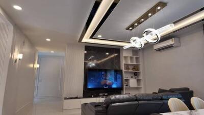 Modern living room with elegant lighting and contemporary furniture