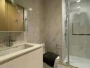 Modern bathroom with large mirror and glass shower stall
