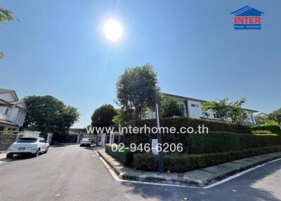 Peaceful street view of a residential area with modern homes and lush greenery, under a clear blue sky