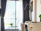 Well-lit bedroom with balcony access and modern furniture