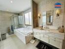 Luxurious modern bathroom with large mirror and spacious layout