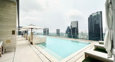 Luxurious rooftop swimming pool with city skyline view