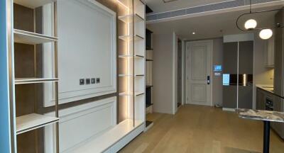 Modern living area with kitchen and elegant shelving units