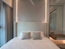 Modern bedroom with ambient lighting and minimalist design