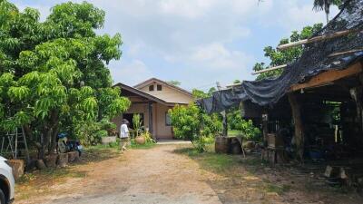 Rural house with surrounding greenery and workshop area