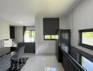 Modern and sleek living room with integrated kitchenette featuring black countertops and stylish furniture