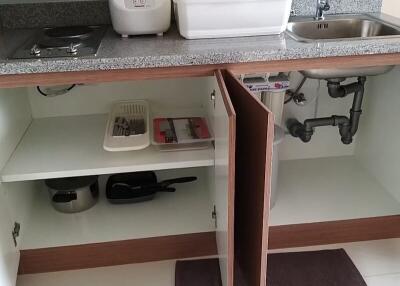 Compact and organized kitchen space with under-sink storage