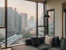 Cozy living room with modern sofa, large windows, and city view