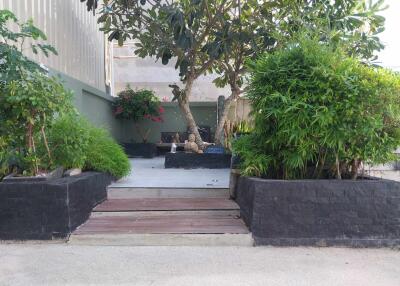 Serene garden with water fountain and lush greenery