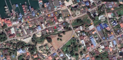 Aerial view of a residential area with detailed layout of streets and buildings