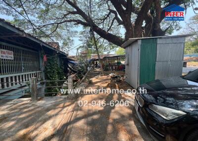 Outdoor area with parked cars and buildings under large trees