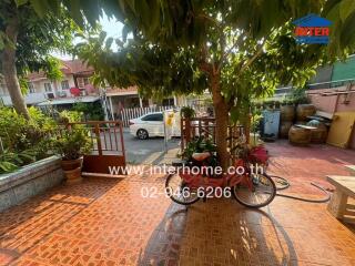 Spacious and welcoming front yard with lush greenery and tiled flooring