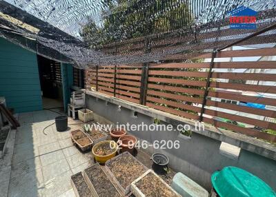 Small balcony with wooden fencing and plant containers