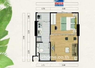 Modern compact one-bedroom apartment layout